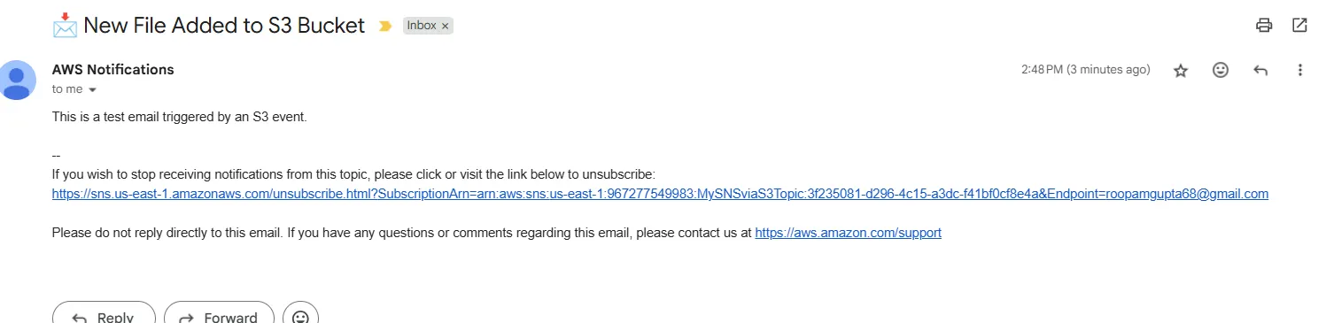 # Sending Email(SNS) when file is uploaded to S3 using Lambda